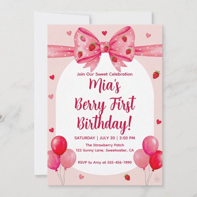 Vibrant Strawberry Coquette Bow Berry 1st Birthday Invitation (Front)