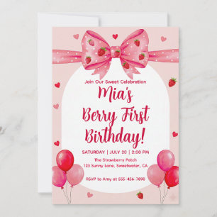 Vibrant Strawberry Coquette Bow Berry First Birthd Invitation