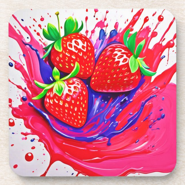 Vibrant Strawberry Splash Beverage Coaster (Front)