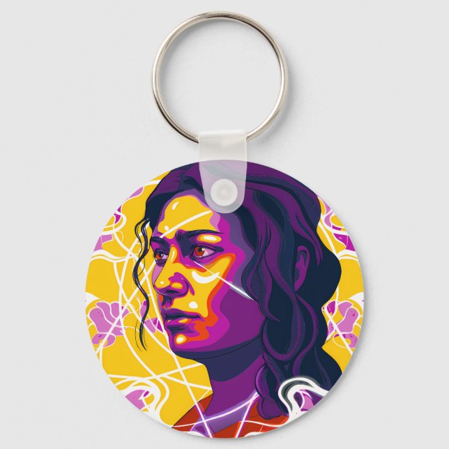 Vibrant Stylized Portrait with Abstract Elements Keychain (Front)