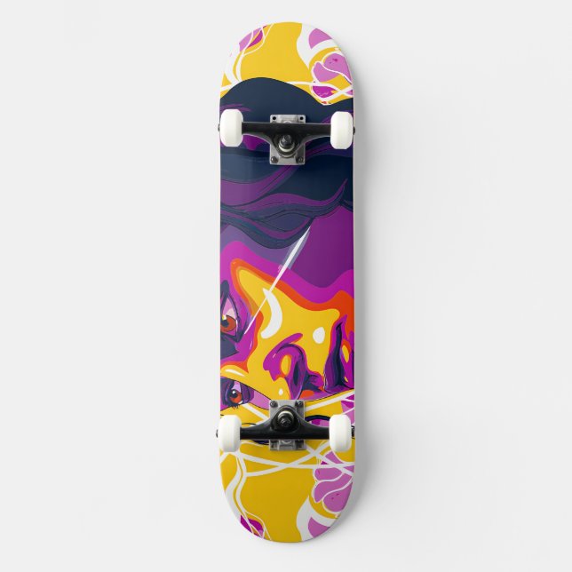 Vibrant Stylized Portrait with Abstract Elements Skateboard (Front)