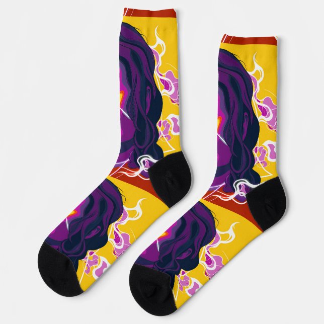 Vibrant Stylized Portrait with Abstract Elements Socks (Left)