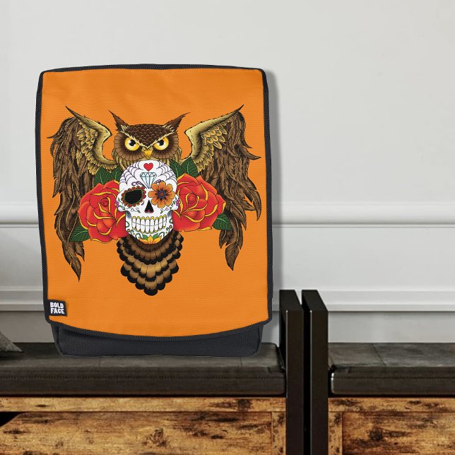Vibrant Sugar Skull Owl Red Roses  Backpack (Creator Uploaded)