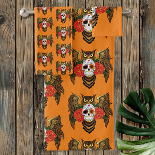 Vibrant Sugar Skull Owl Red Roses  Bath Towel Set