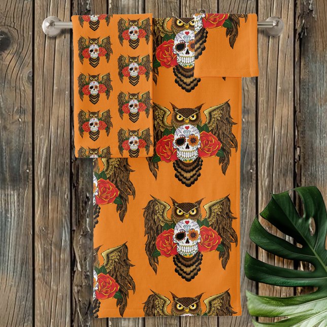 Vibrant Sugar Skull Owl Red Roses  Bath Towel Set (Creator Uploaded)