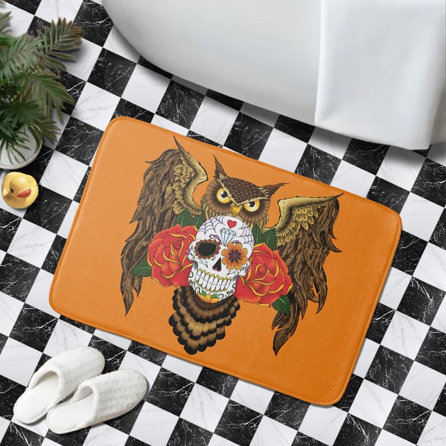 Vibrant Sugar Skull Owl Red Roses  Bathroom Mat (Creator Uploaded)