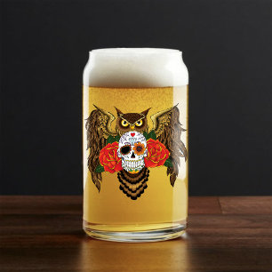 Vibrant Sugar Skull Owl Red Roses  Can Glass