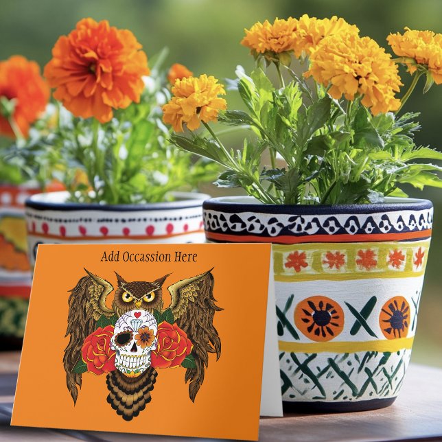 Vibrant Sugar Skull Owl Red Roses  Card (Creator Uploaded)