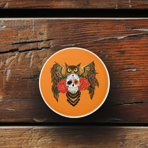 Vibrant Sugar Skull Owl Red Roses  Ceramic Knob