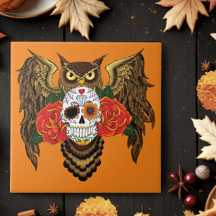 Vibrant Sugar Skull Owl Red Roses Ceramic Tile