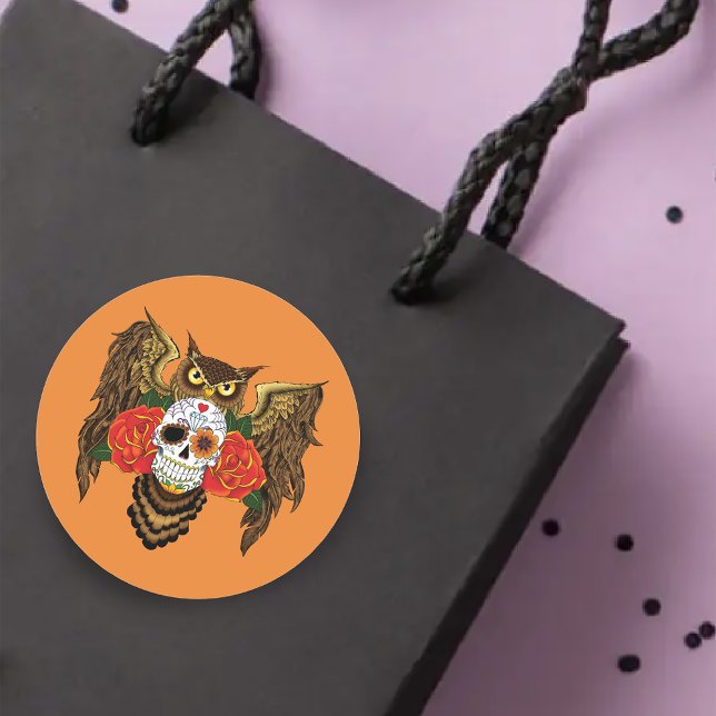 Vibrant Sugar Skull Owl Red Roses  Classic Round Sticker (Creator Uploaded)