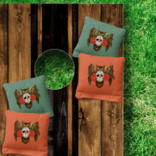 Vibrant Sugar Skull Owl Red Roses Cornhole Bags