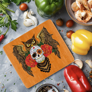 Vibrant Sugar Skull Owl Red Roses  Cutting Board