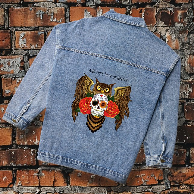 Vibrant Sugar Skull Owl Red Roses  Denim Jacket (Creator Uploaded)