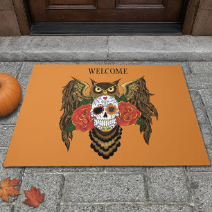 Vibrant Sugar Skull Owl Red Roses Doormat