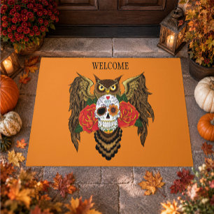 Vibrant Sugar Skull Owl Red Roses Doormat