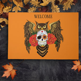 Vibrant Sugar Skull Owl Red Roses  Doormat