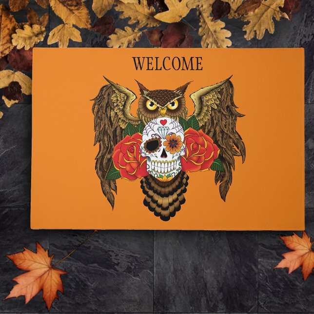 Vibrant Sugar Skull Owl Red Roses  Doormat (Creator Uploaded)