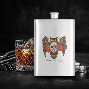 Vibrant Sugar Skull Owl Red Roses  Flask