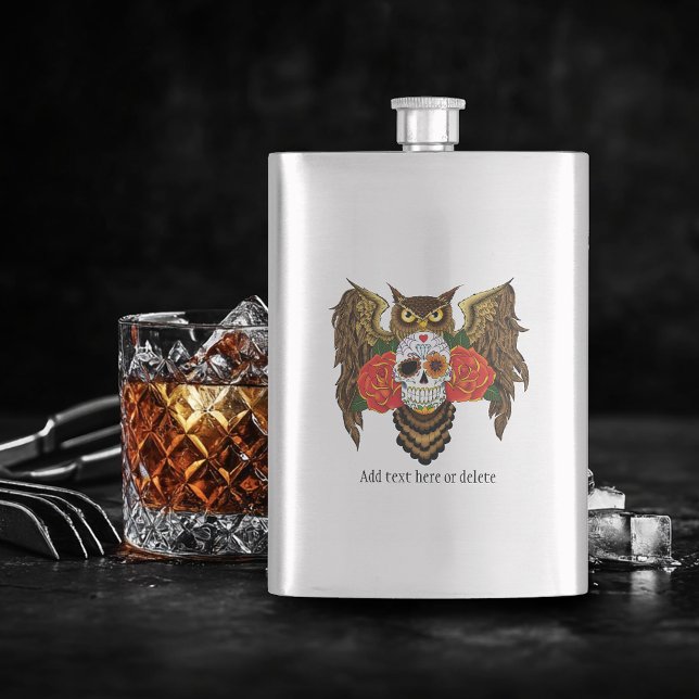 Vibrant Sugar Skull Owl Red Roses  Flask (Creator Uploaded)