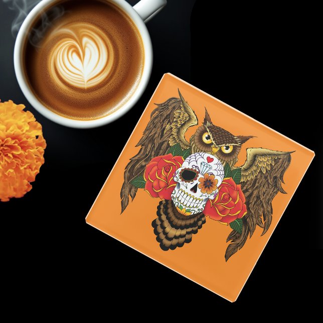 Vibrant Sugar Skull Owl Red Roses  Glass Coaster (Creator Uploaded)