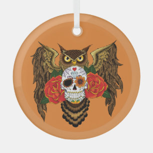 Vibrant Sugar Skull Owl Red Roses Glass Ornament