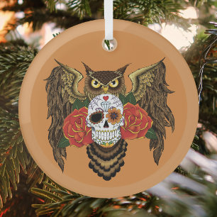 Vibrant Sugar Skull Owl Red Roses  Glass Ornament