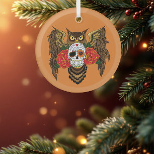 Vibrant Sugar Skull Owl Red Roses  Glass Ornament