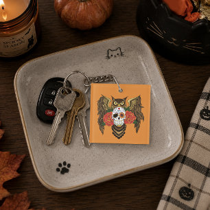 Vibrant Sugar Skull Owl Red Roses Keychain