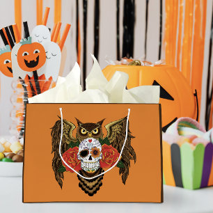 Vibrant Sugar Skull Owl Red Roses  Large Gift Bag
