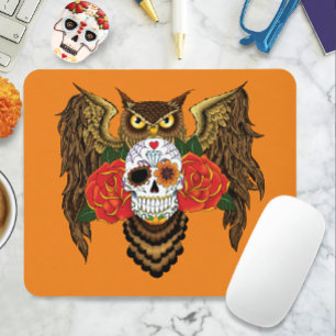 Vibrant Sugar Skull Owl Red Roses Mouse Pad