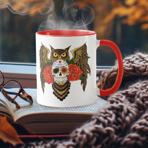 Vibrant Sugar Skull Owl Red Roses  Mug