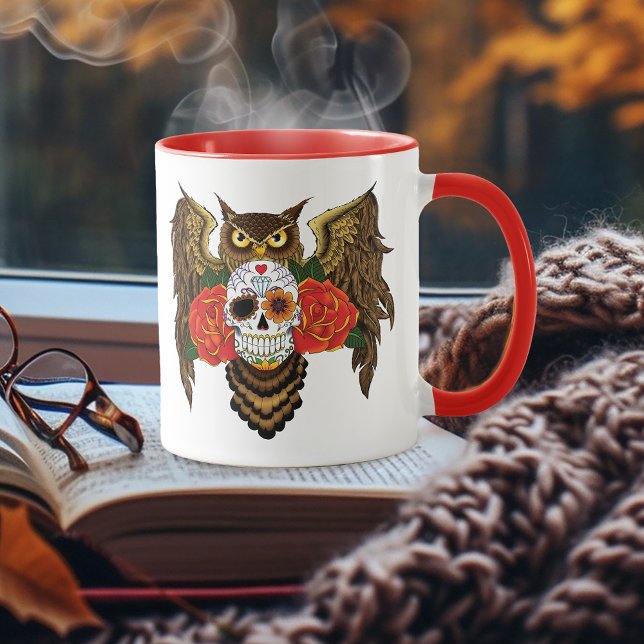 Vibrant Sugar Skull Owl Red Roses  Mug (Creator Uploaded)