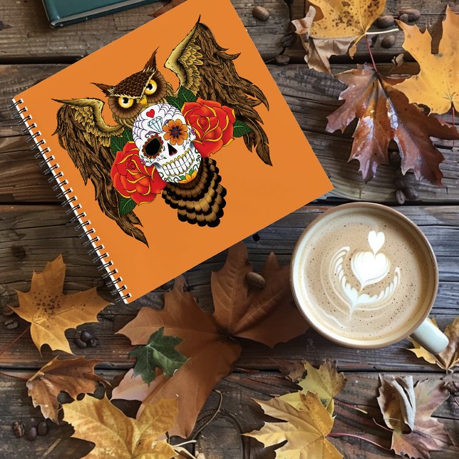 Vibrant Sugar Skull Owl Red Roses  Notebook (Creator Uploaded)