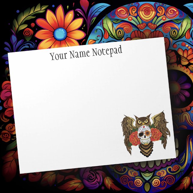 Vibrant Sugar Skull Owl Red Roses  Notepad (Creator Uploaded)