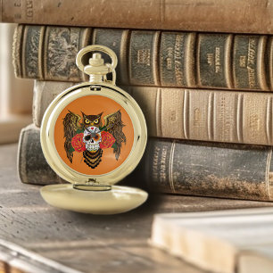 Vibrant Sugar Skull Owl Red Roses  Pocket Watch