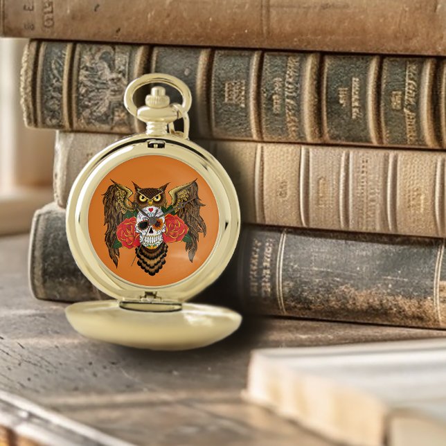 Vibrant Sugar Skull Owl Red Roses  Pocket Watch (Creator Uploaded)