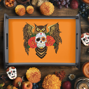 Vibrant Sugar Skull Owl Red Roses Serving Tray