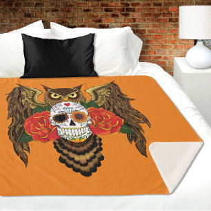 Vibrant Sugar Skull Owl Red Roses Sherpa Blanket