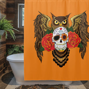 Vibrant Sugar Skull Owl Red Roses Shower Curtain