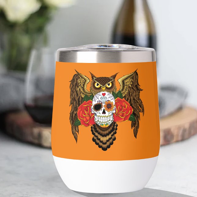 Vibrant Sugar Skull Owl Red Roses  Thermal Wine Tumbler (Creator Uploaded)