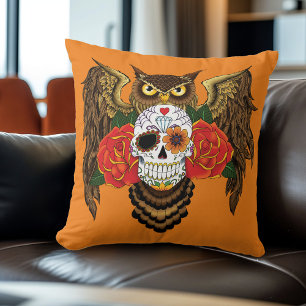 Vibrant Sugar Skull Owl Red Roses  Throw Pillow