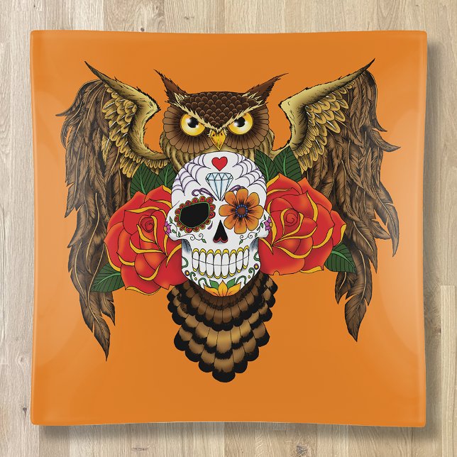 Vibrant Sugar Skull Owl Red Roses  Trinket Tray (Creator Uploaded)