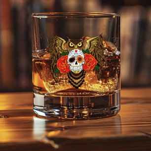 Vibrant Sugar Skull Owl Red Roses  Whiskey Glass