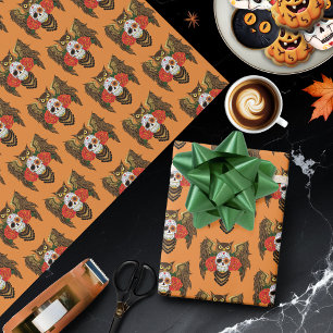 Vibrant Sugar Skull Owl Red Roses  Wrapping Paper