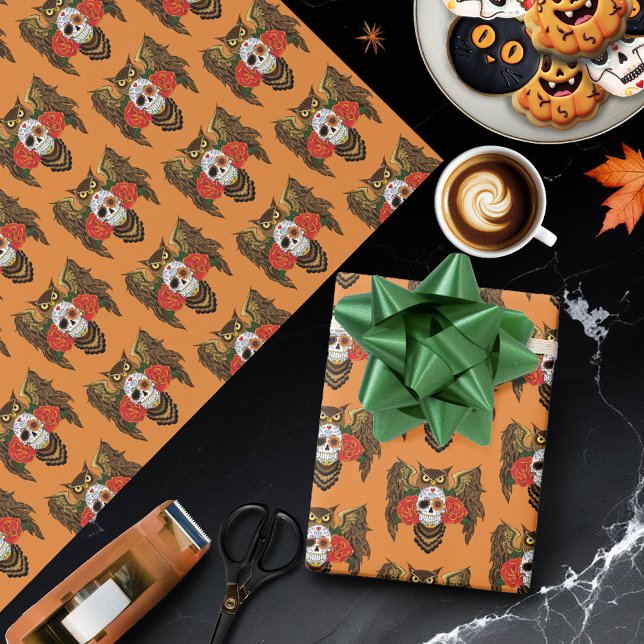 Vibrant Sugar Skull Owl Red Roses  Wrapping Paper (Creator Uploaded)
