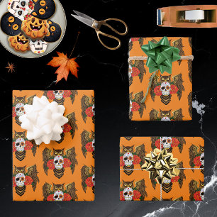 Vibrant Sugar Skull Owl Red Roses  Wrapping Paper Sheets