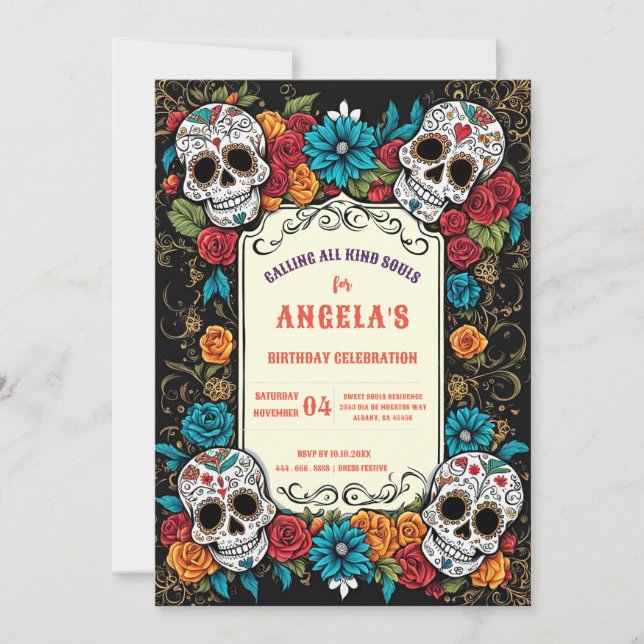 Vibrant Sugar Skulls Day of the Dead Invite (Front)
