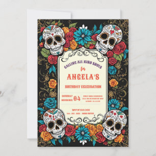 Vibrant Sugar Skulls Día de Los Muertos Birthday Invitation