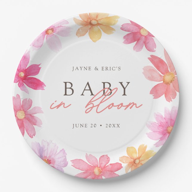 Vibrant Summer Baby in Bloom Floral Wildflower Paper Plates (Front)